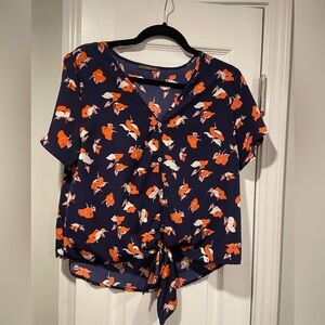 West Kei Size S Navy Blue Coral Floral Short Sleeve V Neck Button Knot Front Top